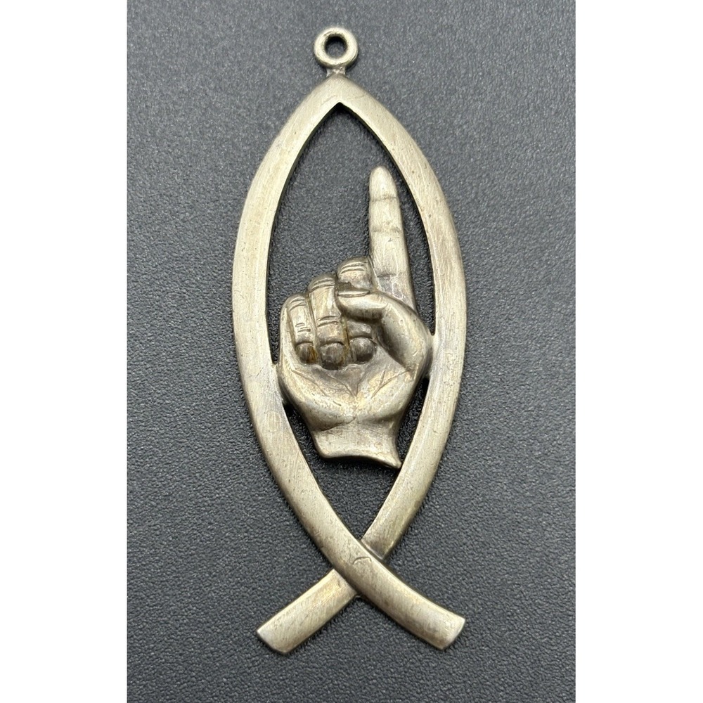 Vintage Sterling Silver Ichthys Fish Faith Hand Pendant 8 Grams F18